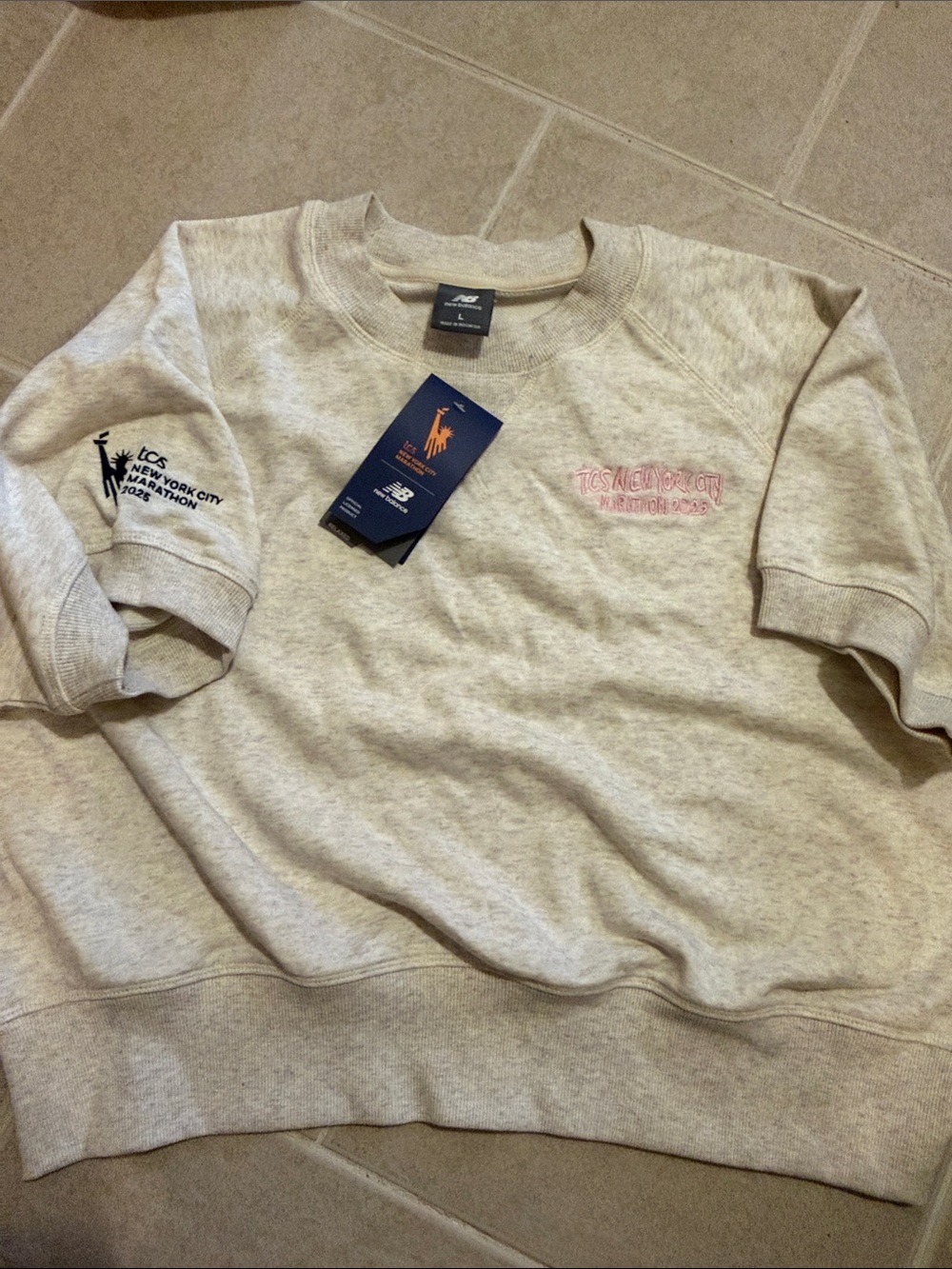 New Balance NYC marathon Light Grey Crewneck Sweatshirt with Pink Embroidery